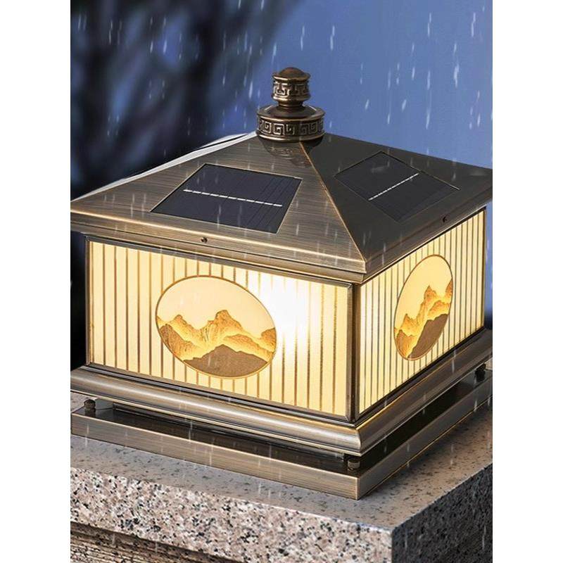 新中式全铜柱头灯太阳能户外庭院别墅大门灯门柱灯柱子灯围墙两用 - 图1