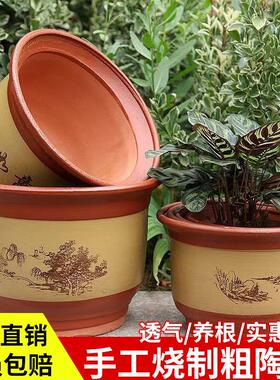 紫砂特大号陶瓷花盆红陶土家用客厅落地盆景兰花盆粗砂透气带托盘