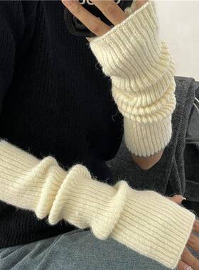 手套半指原宿风蓝色贴标针织毛线长款情侣秋冬女防寒保暖骑车学生