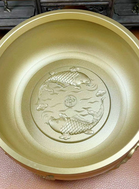 黄铜荷叶年年有余招财缸浮雕聚BTN宝盆家居办公礼创意摆桌面乔件