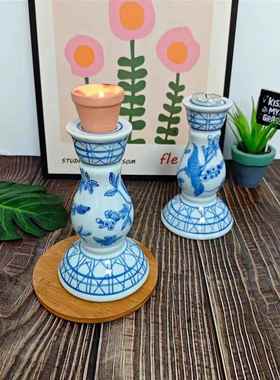 手绘青花陶瓷花鸟烛台家具装饰烛台餐桌手工雕花陶瓷烛台浪漫摆件