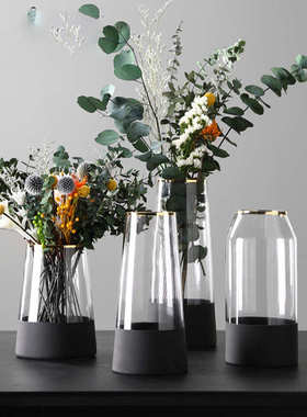 北欧轻奢描金透明玻璃花瓶批发摆件ins风客厅餐桌插花家居装饰品