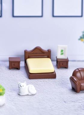 微景观房屋家居小摆件迷你仿真家具可爱小床茶几沙发柜子树脂小猫