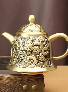 高档黄铜茶壶龙头壶创意酒杯办公桌面摆件纯铜复古双龙戏珠茶具