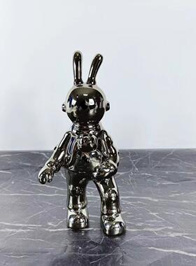 现银色太空宇航员兔子树脂摆件趣味客厅卧室儿童房样板房饰品