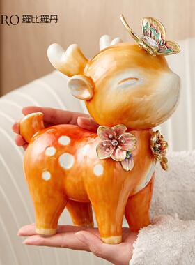 罗比罗丹《一路繁花》珐琅彩工艺小鹿摆件博古架装饰摆设工艺品