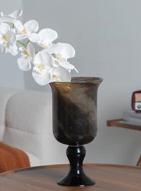 中世纪玉石风格高端玻璃花瓶插花手工高玻璃杯花盆软装饰