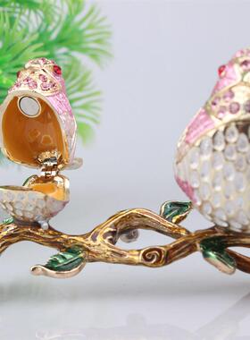 合金珐琅彩工艺镶钻摆件母子相思鸟轻奢首饰盒家居桌面装饰礼品