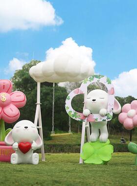 网红卡通兔子雕塑商场店铺橱窗装饰户外风景区花朵彩虹打卡拍照摆