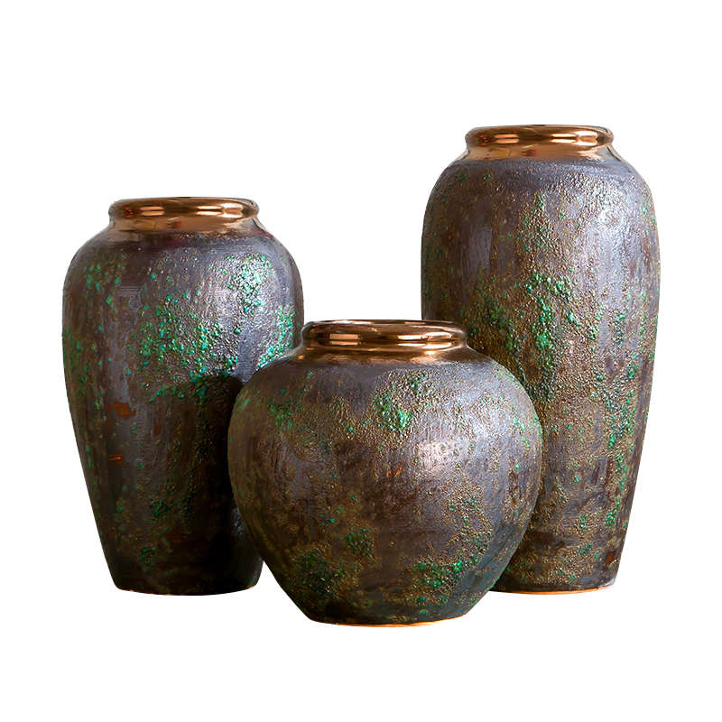 景德镇陶瓷器批发 复古落地花瓶仿古粗陶罐花盆做旧绿釉花瓶摆件 - 图3