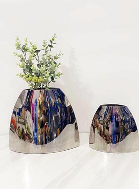 简约不锈钢镜面弧形贝壳样板间花器餐厅客厅玄关台面装饰花瓶