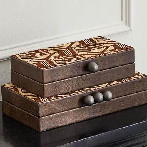 现代简约金属皮革收纳盒售楼处样板房别墅首饰盒软装饰品摆件 - 图1