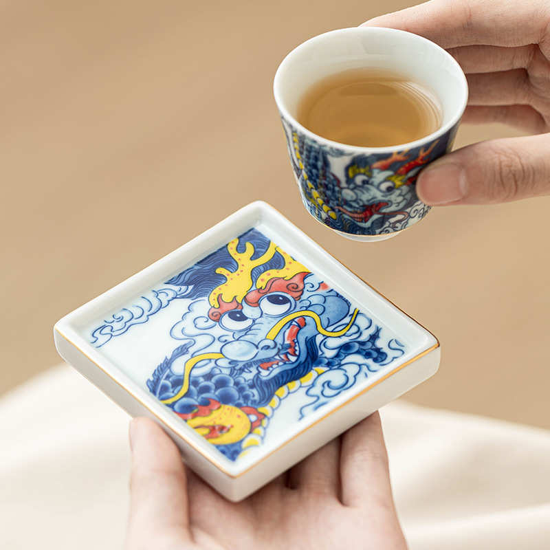 兴隆祥龙描金四方杯碟陶瓷盖置茶托家用功夫茶具盖子托杯垫隔热垫 - 图0