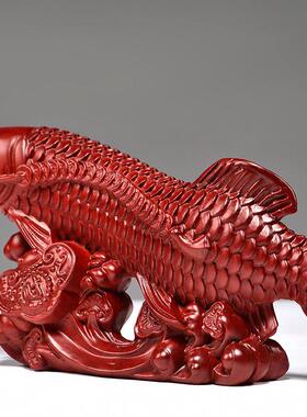 红色木质金龙鱼摆件实木雕刻年年有鱼家居客厅玄关装饰摆设工艺品