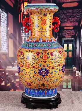 高档德镇陶瓷器珐花琅彩地大花瓶器插花客厅景玄关装饰摆件落中式