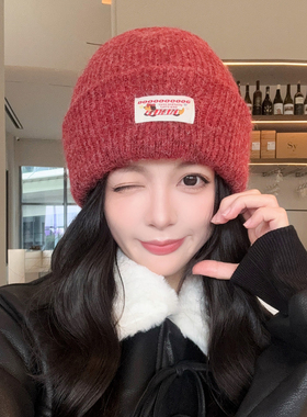 针织帽女秋冬季保暖加厚护耳毛线帽显脸小韩系包头帽可爱贴布帽子