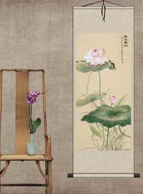 高档墨荷绢花画中水国画卷轴花鸟挂家装古玩香礼品张大画千礼品画