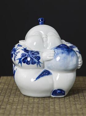 客庄景德镇青花瓷人物雕塑瓷陶瓷摆件时饰品寿桃福寿陶瓷人物摆件