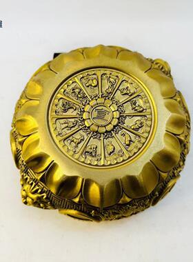 双狮子头聚宝盆复古黄铜雕刻创意新中式铜摆件百福缸工艺品铜制品