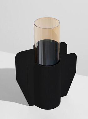 现代轻奢黑色金属玻璃花瓶摆件家居民宿插花器样板房设计师装饰品