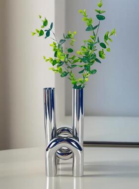 现代简约银色电镀不锈钢试管花插样板间售楼处客厅茶几玄关装饰品