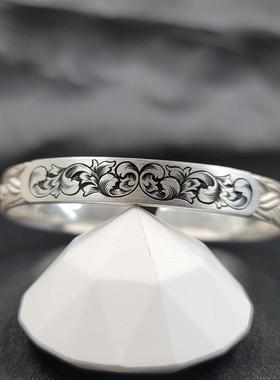 高档刻骨手工林奢赛精雕s925纯礼银配饰侣个性物轻饰品开口唐草情