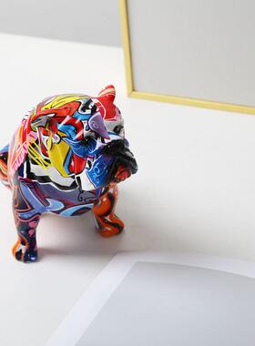 彩色斗牛犬树脂工艺品小摆件 玄关卧室书桌装饰软装家居摆件