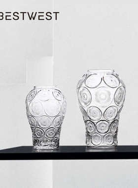 博西家居 简约圆形纹路透明水培玻璃花瓶摆件家居客厅装饰品花器