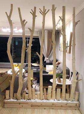天然干树枝造景原木挂衣杆实木枯木树干客厅酒店木棍隔断装饰墙