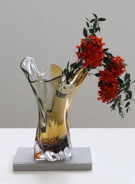 现轻奢蓝色琉璃花艺术摆件客厅样板间插花茶几餐桌面装饰花器