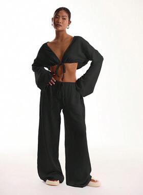 Women's Linen Fabric Fitted Pants with Front Tie Belt
