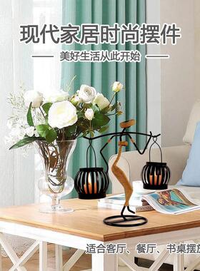 居家典雅 铁艺挑担人烛台田园蜡烛灯架纸绳灯笼少女餐桌装饰摆件