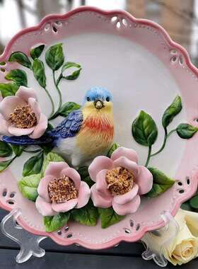 ?Fhzgffmw挂陶瓷浮雕彩绘装饰盘蓝饰鹊座盘红鹊坐盘装灰鹊盘家居