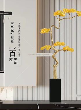 高端玄关装饰摆件黄水晶发财树铜工艺品客厅电视柜旁边落地装饰品