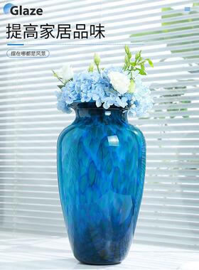 新款大艺术透明蓝色花瓶摆件地客高厅插花轻奢级感孔雀蓝玻璃落冰