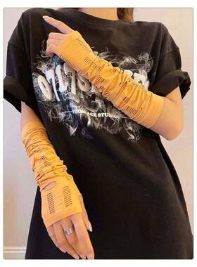 黑白色朋克风个性破洞冰丝防晒袖套女原宿日系冰袖潮流手套护臂袖