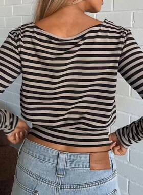Striped One Shoulder Long Sleeve Top Stylish Women's Casual
