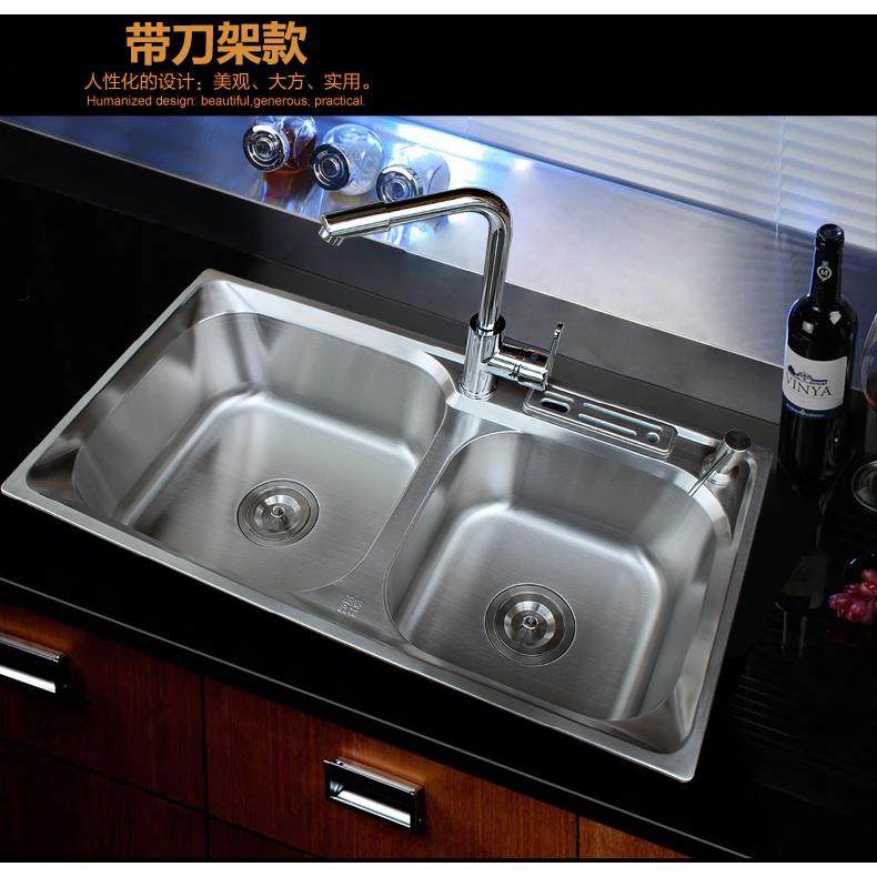 加厚304不锈钢水槽套餐带插刀架拉丝双槽厨房洗菜盆碗池双盆包邮,淘宝优惠券,粉丝福利购,淘宝优惠卷