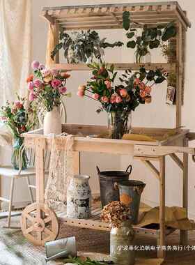 田园乡村复古花架地居推车木质花架置物花店陈列架落展架多功能家