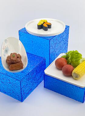 助亚克力透明F5M8MJS5蓝灰色盒子底座装饰甜品自明架档展示盘支餐
