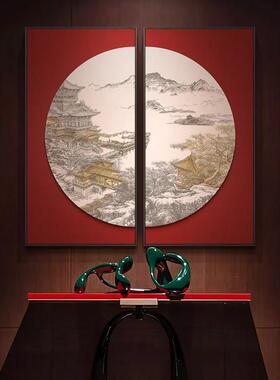 新中式餐厅装饰画轻奢高级感挂画玄关高档两联客厅背景墙面壁画