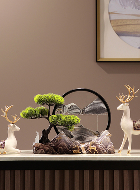 高山流水新中式客厅禅意创意迎客松流沙画摆件沙漏玄关办公室茶室