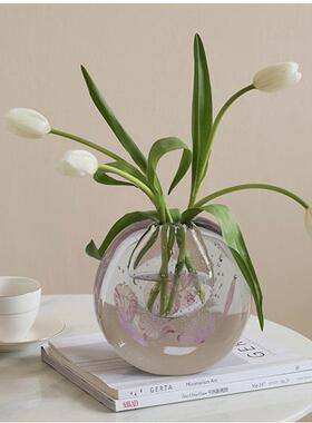 新品轻奢粉色客厅插花玻璃花瓶琉璃花器水晶球玄关桌面装饰摆件
