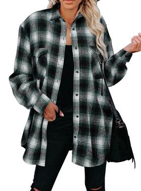 Women's plaid shirt, mid to long style, lapel cardigan