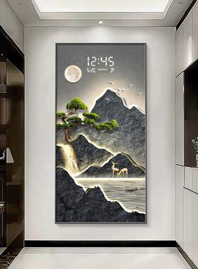流水生财玄关装饰画电子屏钟表创意时钟壁灯入户走廊尽头山水挂画
