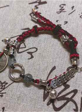 新中式蝴蝶陶瓷手链铃铛红绳女藏式复古手搓棉线手工编织手绳饰品