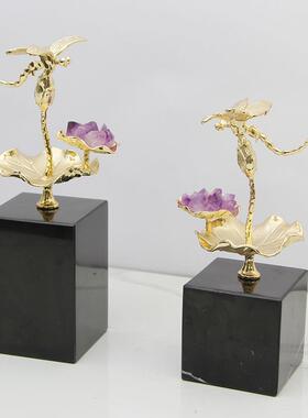 新中式轻奢高档金色荷花摆件客厅酒柜电视柜书柜招财紫晶装饰品