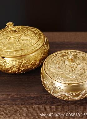 黄铜精雕龙凤烟灰缸带盖仿飞灰家居办公室茶桌工艺品摆件铜器