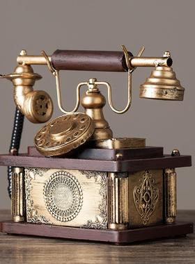 复古铁艺电话机摆件仿古做旧老式手摇电话机模型家居橱窗装饰