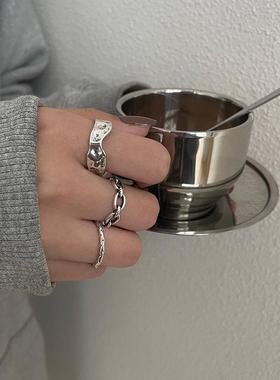 韩版S925银几何戒指女复古不规则素圈细开口指环个性创意食指戒潮